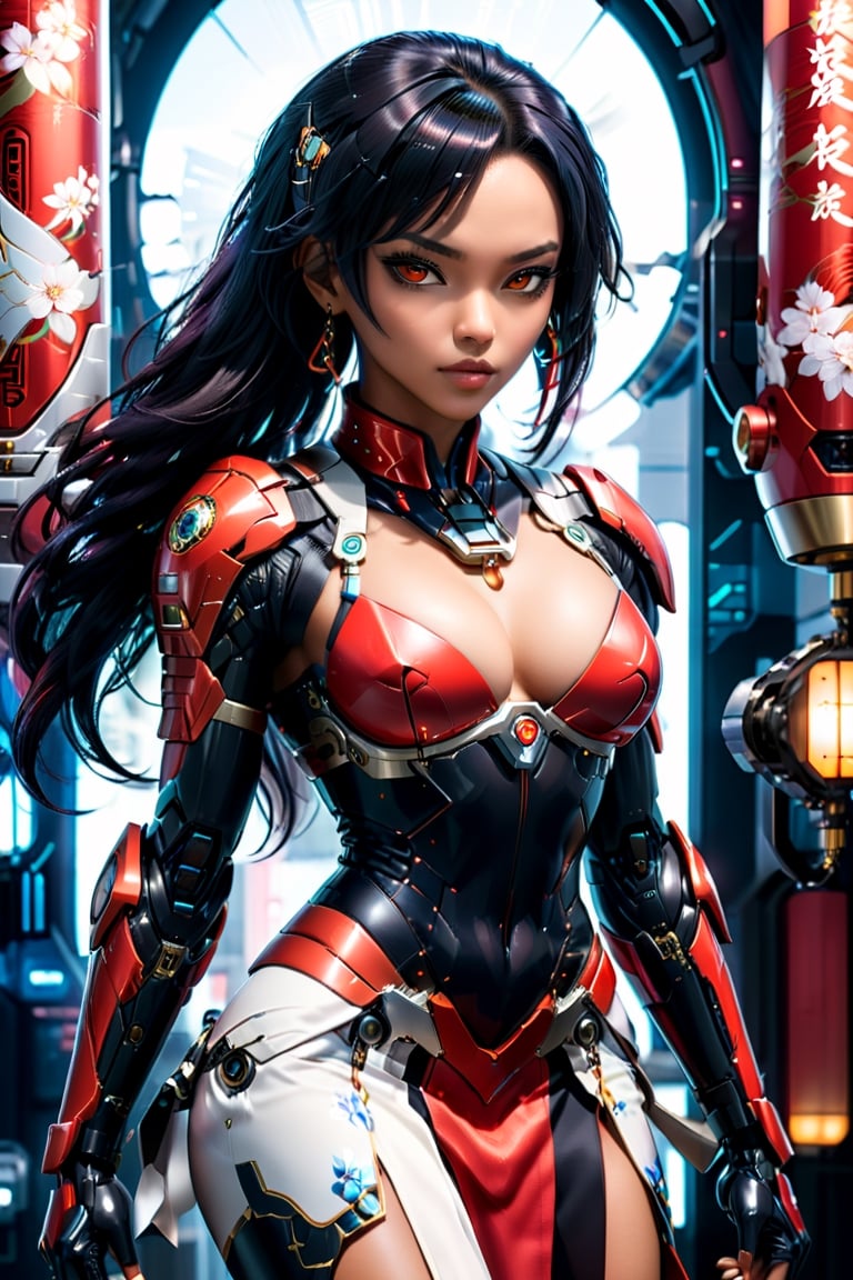 A black female cyborg assassin, "Ghost in the Shell style", cyborg looks futuristic. She is adorned in a traditional, futuristic, elegant and modern kimono dress that accentuates her curves and complements her beauty. The traditional kimono design exudes confidence, revealing, elegance and style. (((African American woman))), (((traditional kimono dress))), Bright red killer eyes, black hair, tan skin:3.5, long hair, accentuated huge breasts, intentionally exposed mechanical and cyborg arms, large mechanical legs, wide hips, lethal arms, action poses, futuristic cyberpunk background, masterpiece, hyper realistic, from below,