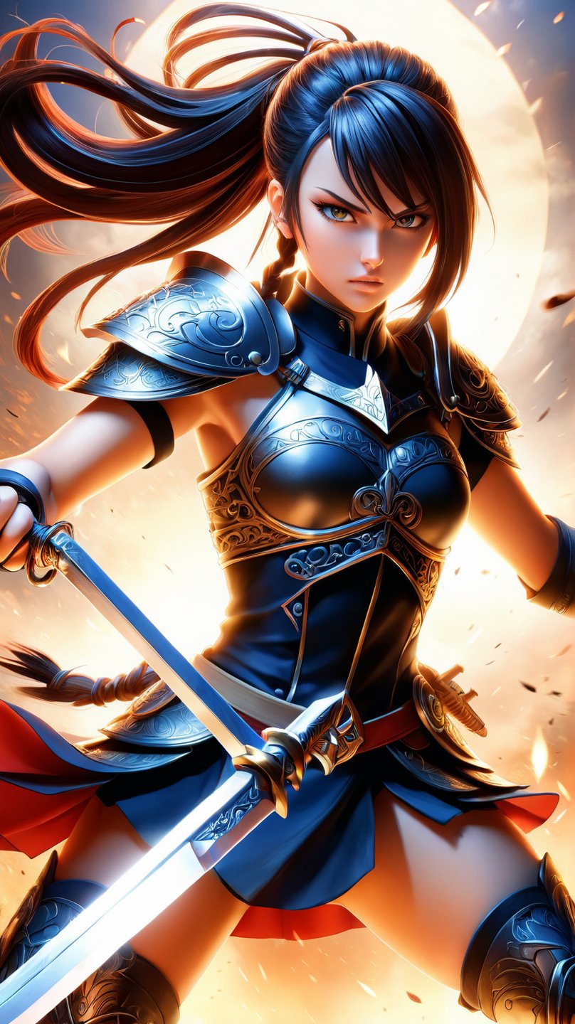 Girl Warrior**: A dynamic anime-style illustration featuring a fierce girl warrior as the key visual, highly detailed.