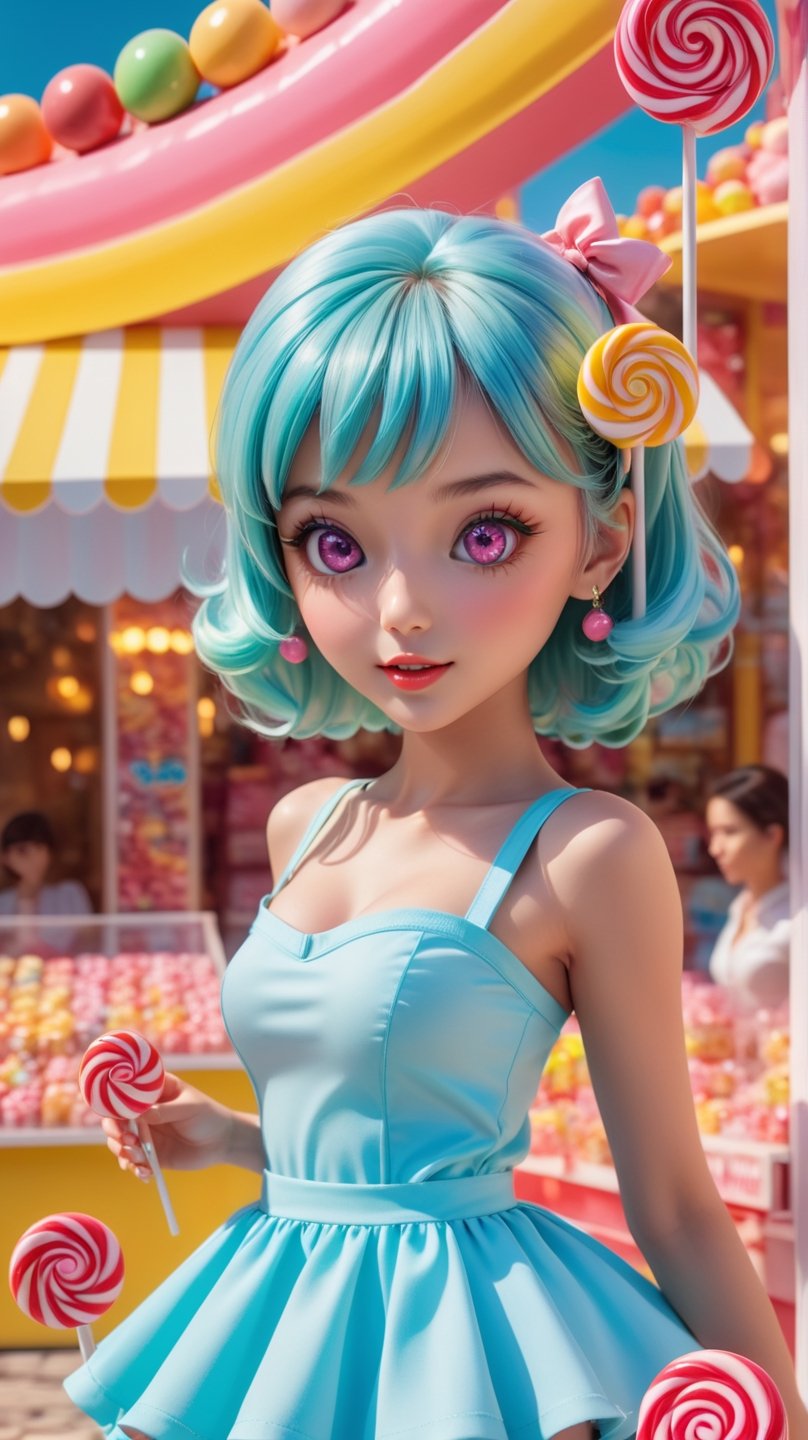 A scene in a place full of sweets and candies with a beautiful young lolipop girl: "It generates a vibrant visual representation of a dazzling young lolipop girl in a place full of bustling sweets and candies. This captivating figure features deep and fascinating pink eyes that reflect the infinite expanse of candies. Her loose pink hair shines with a hint of sugar, framing her perfect figure. She is adorned in a stylish and modern lolipop outfit that accentuates her curves and complements her beauty. The design of the lolipop outfit exudes confidence and style. The place around you is filled with a lively crowd of adorable colorful candy, sweet, savory and lolipop characters. The atmosphere is filled with sounds of laughter, refreshing breezes breaking and the cheerful energy of a lovely day at the place filled with sweets and candies. Capture the essence of leisure bathed in sweetness and charm of this beautiful young girl in front of the backdrop of a lively scene of a place full of sweets and candies." Super super detailed, super realistic photographic cinematographic image, 8k HDR super high quality image, masterpiece, (beautiful young girl 25 years old, sexy muscle:0.8, big legs, long hear, accentuated breasts), drow
