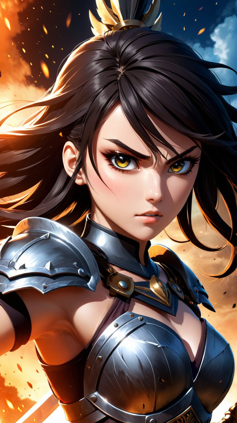 Girl Warrior**: A dynamic anime-style illustration featuring a fierce girl warrior as the key visual, highly detailed.