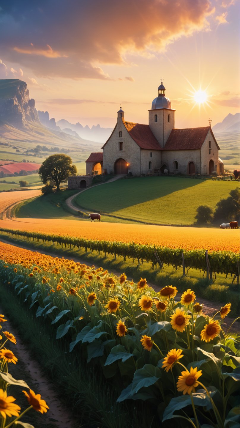 Incorporates the Bec Winnel style in a high resolution image and 8K with a low angle view at sunset. The scene represents the luxurious farm of a man adorned with detailed limestone, located in a beautiful field with farm animals. The environment exudes a mystical brightness, with an intricate, bright and vivid effect of light rays, creating a conceptual art of ethereal fantasy. The farm is meticulously detailed, which shows a mixture of natural elements and artistic bright characteristics. The general composition must be magnificent, celestial and majestic, evoking a feeling of magic and astonishment. Embrace a pictorial approach to capture the essence of an epic dreamy landscape inspired by Andre Kohn's works. The image should serve as a cover piece, transporting spectators to a fantasy and enchantment kingdom. Colorful and super realistic photographic cinematographic image 8K ultra HD HDR, magical photography, super detailed, (ultra detailed) (high quality, better quality, image of super high quality, masterpiece), dramatic lighting, 8k, uhd, intricate detail, (Gradients (gradients), integral cinematics, colorful, visual key, highly detailed, extreme detailed, hyperrealist, (very detailed background, detailed landscape), delicate details, raw image, DSLR, science fiction, Leonardo, Leonardo