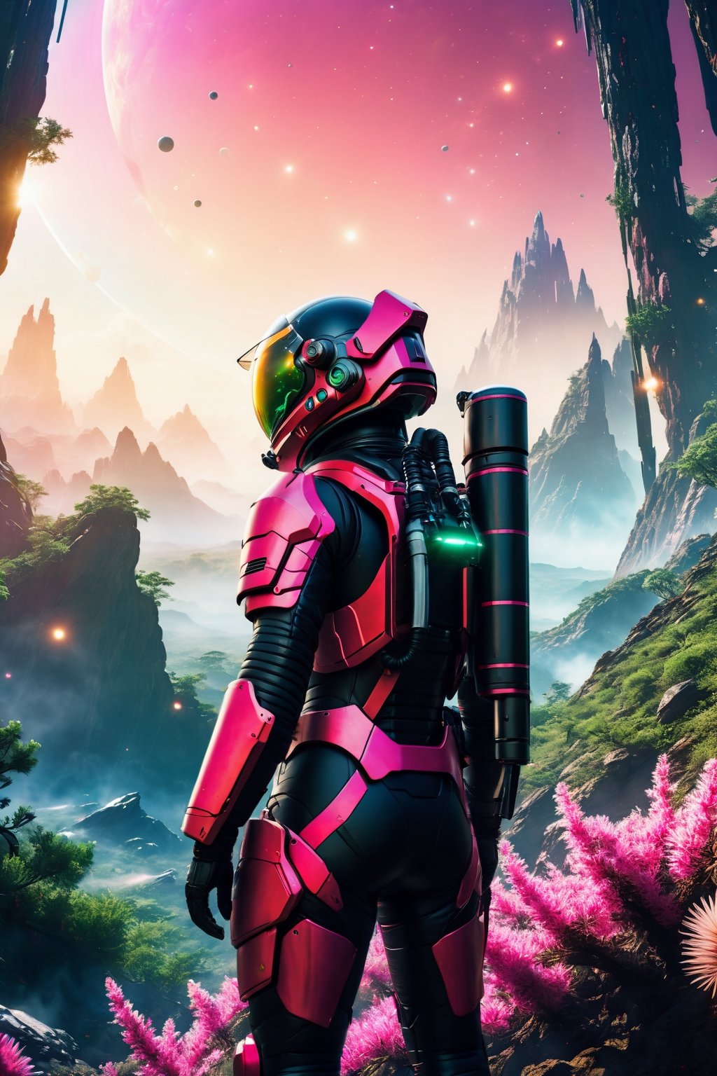 Highly detailed RAW color Photo, Rear Angle, Full Body, of (female space soldier, wearing vivid bright pink and black space suit, helmet, tined face shield, rebreather), from behind, nice ass, pear shaped ass, outdoors, (looking up at advanced alien structure), (sci-fi), (mountains:1.1), (lush green vegetation), (two moons in sky:1.3), (highly detailed, hyperdetailed, intricate), (lens flare:0.7), (bloom:0.7), particle effects, raytracing, cinematic lighting, shallow depth of field, photographed on a Sony a9 II, 50mm wide angle lens, sharp focus, cinematic film still from Gravity 2013.,mecha