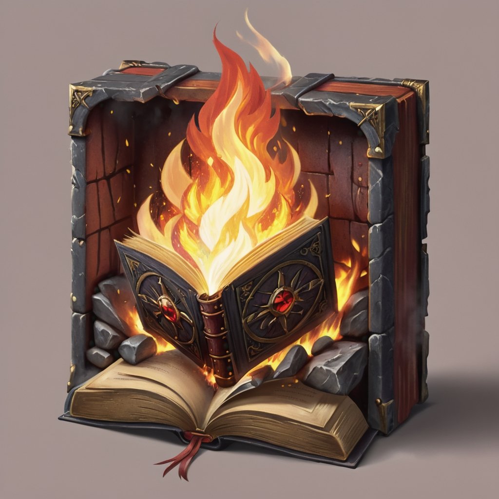 book of destruction, red blaze fire, game icon, medieval, pastel muted colors, digital art, 8K resolution, ultra quality, trending on artstation, intricate details, highly detailed