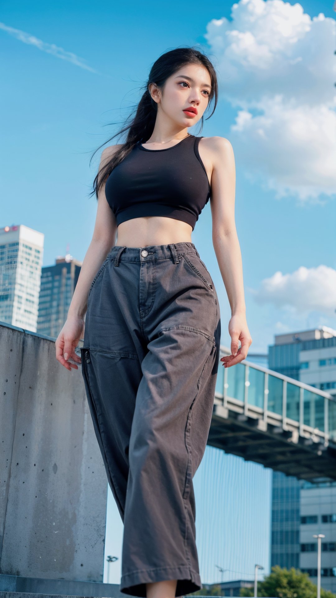 "A towering Giantess in a cool and laid-back hippie style is rocking a crop top and baggy pants. Her toned and athletic build hints at her massive strength. She seems to be casually strolling through the bustling cityscape of GTS City, as towering buildings loom overhead. Smoke and clouds roil around her, adding to the sense of epic scale and drama. The lighting is dark, gloomy, and realistic, creating a tense and ominous atmosphere. The perspective is from below, emphasizing the sheer majesty and power of the Giantess."