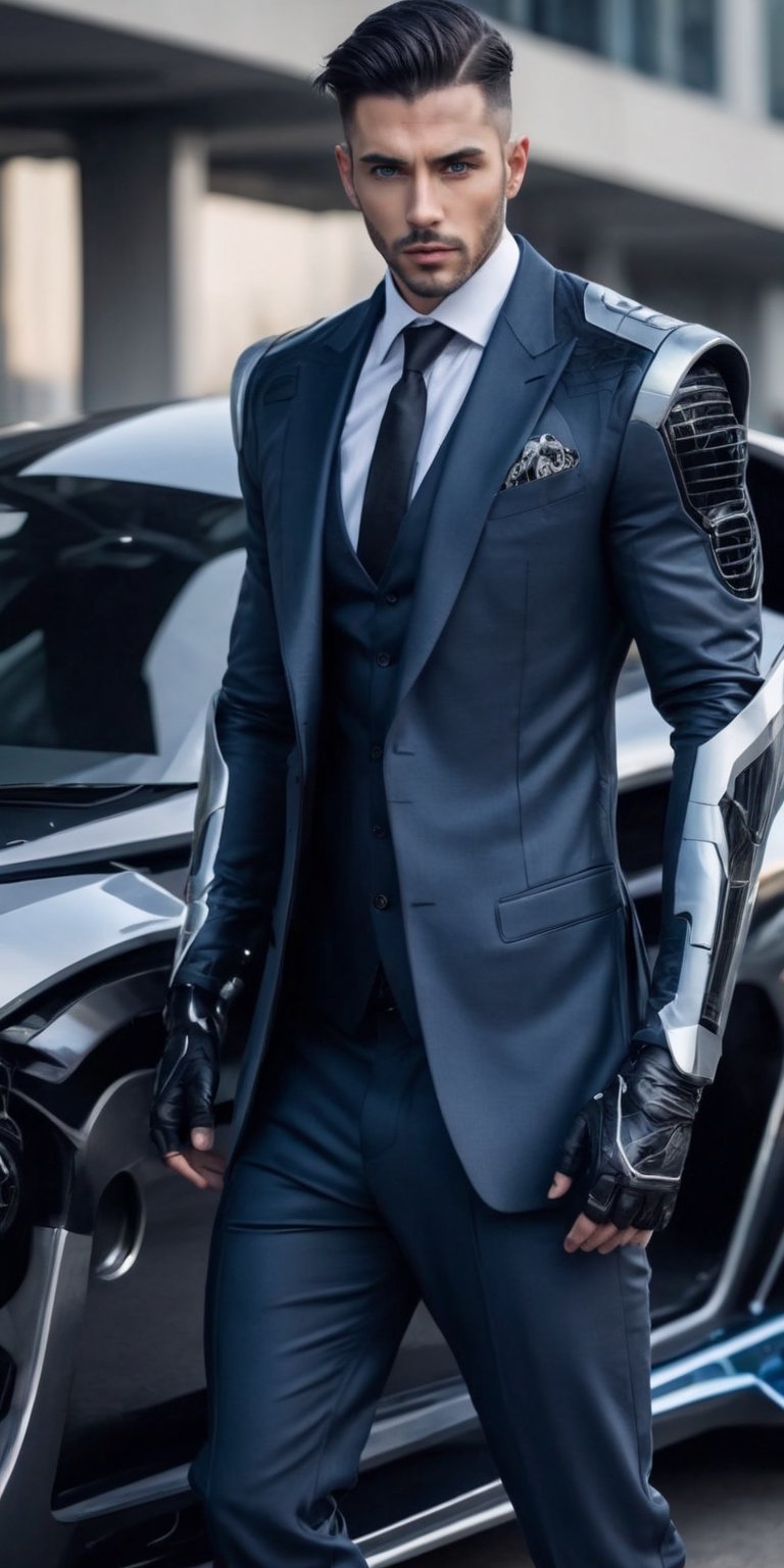  create a futuristic gangster entering his  futuristic car. wearing futuristic fancy suit , modified face with cyber tech, short blac hair , blue eyes , arrogant, fancy, fit,,fancy view. sharp focus , highly detailed