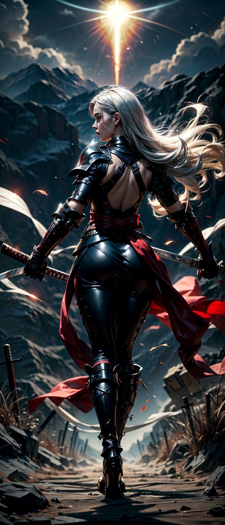 <image>In this otherworldly scene, (an ethereal beauty clad in the armor of a samurai), (her graceful figure adorned with the markings of a venom symbiote). (Her long silver hair flows behind her, dancing in the unearthly wind). (She wields a glowing blue katana with deadly precision), (the blade slashing through the air in a graceful arc). (A mechanized suit of armor, (almost organic in its design), (covers her lower body, its joints moving with an otherworldly fluidity). (Her face remains stoic and unyielding, focused on the enemy before her).

(In the background, (a bizarre alien landscape), (with towering crystalline structures and (shimmering fields of energy)). (The sky above is a swirling vortex of colors, (as if the very fabric of reality is being warped and twisted)). (The air crackles with the energy of an impending storm). (Suddenly, a beam of light cuts through the sky, striking the ground nearby). (The impact sends a shockwave rippling across the landscape, causing the samurai lady to lose her balance for a moment). (She regains her composure quickly, (focusing on the task at hand))). (As she prepares to deliver the final blow), (a small, glowing orb flies out of nowhere and attaches itself to her back). (The orb pulses with energy, (healing her wounds and replenishing her strength)). (With renewed vigor), (she completes her attack, decapitating her foe). (The headless body crumples to the ground, (as the venomous symbiote detaches itself and floats off into the distance)). (The samurai lady turns away from the battle, (her work now done)). (She walks towards the horizon, (her figure slowly fading into the distance)), (as if she was never there at all),venom