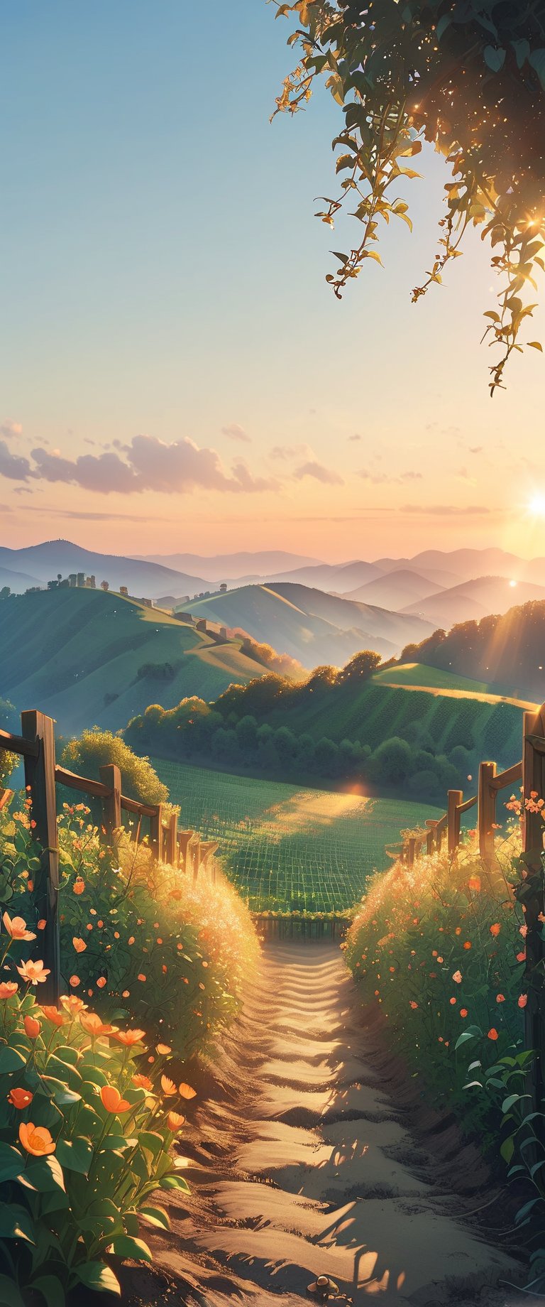 A gentle sunrise casts a warm glow on the Party Field, where Sam stands amidst the lush greenery, his hands cradling the small silver nut. The soil beneath is freshly turned, awaiting the sprout's emergence. In the distance, a wooden trellis rises from the earth, its vines tangled with leaves and flowers. As the camera pans out, the horizon stretches, revealing rolling hills and a clear blue sky, symbolizing hope and new beginnings.