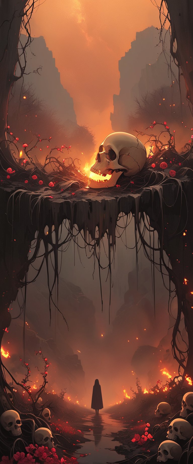 Digital Art blending elements of Languish and Skullscorch, creating a nightmarish tableau of a spectral being tormented by inner anguish and external destruction. The setting is a surreal realm filled with twisted vines and decaying flowers, bathed in an eerie, flickering light. At the center, a skull engulfed in scorching flames hovers ominously, casting a ghastly glow on the desolate landscape. The artwork conveys a sense of profound sorrow and existential dread. --s 1000