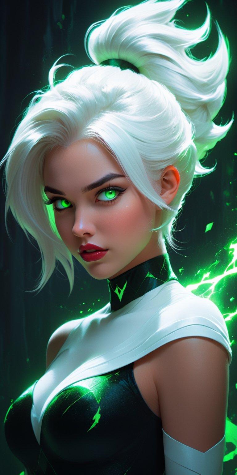 A digital matte intricate illustration concept art of young Danny phantom with snow white hair and glowing green eyes, pointy sharp teeth fangs alt art fashion inspired art by Charlie Bowater and WLOP and Mark Arian and Ross Tran + neon colors, symmetry , intricate complexity, epic composition, magical atmosphere, highly detailed, cinematic lighting + masterpiece, trending on artstation + 8k a mother with short shoulder length auburn hair, short and curvy and a slightly chubby face holding her infant son with short brown hair full color digital illustration disney / pixar animation 4 k
