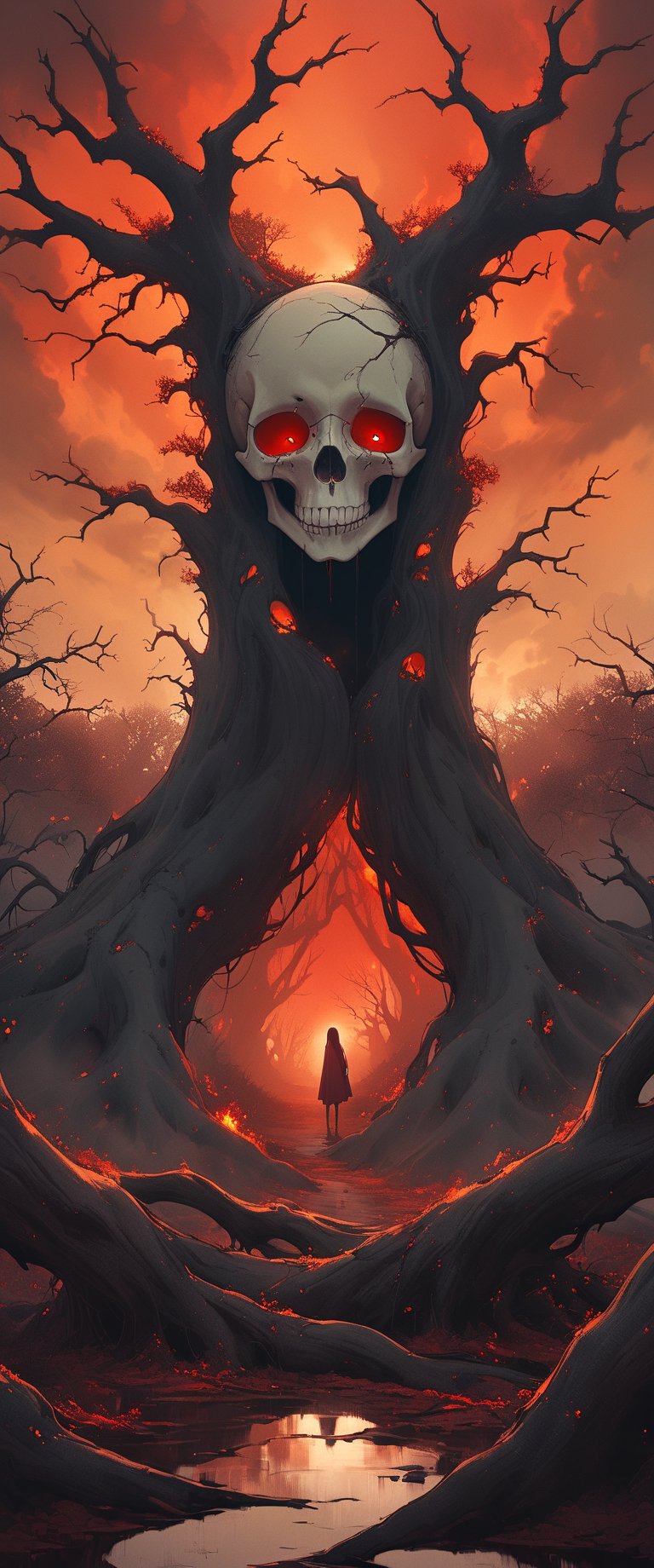 Digital Art intertwining the elements of Languish and Skullscorch, portraying a dark and eerie composition that exudes a sense of profound sorrow and inner turmoil. The scene is set in a surreal, otherworldly realm with twisted, gnarled trees and a blood-red sky. A skull engulfed in intense flames hovers in the center, emitting a spectral light that casts ominous shadows. The artwork conveys a feeling of anguish, despair, and spiritual unrest, drawing the viewer into a realm of haunting beauty and torment. --s 1000