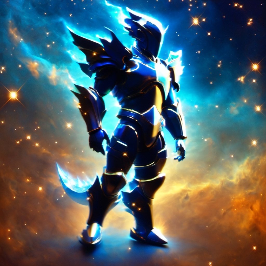 A man with his arms crossed, wearing futuristic full battle armor. He has a stylized helmet with a (visor screen that covers his entire face) ((reflecting space with stars and galaxies)). The armor is metallic multicolor with faintly glowing blue details.

On the chest it bears the symbol of a (dragon). Large reinforced shoulder pads protect his shoulders. Armored gauntlets and vambraces cover his arms, also with (dragon) motifs. He also wears greaves and sabatons that protect the legs.

At the waist he has a tactical belt with several compartments to carry ammunition and other battle supplies. Heavy boots with reinforced soles complete the armor. The helmet has small (horns) on either side and has a clean, streamlined look without exaggerated features.

((The full enclosed helmet visor screen)) reflects the deep space stars. (The intricate dragon-themed full armor) gives him a powerful and imposing look, ready for combat.