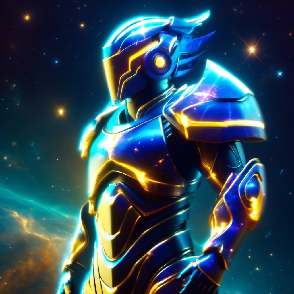 A man with his arms crossed, wearing futuristic full battle armor. He has a helmet with a ((visor screen that covers his entire face)) ((reflecting space with stars and galaxies)). The armor is metallic multicolor with faintly glowing blue details.

On the chest it bears the symbol of a (dragon). Large reinforced shoulder pads protect his shoulders. Armored gauntlets and vambraces cover his arms, also with (dragon) motifs. He also wears greaves and sabatons that protect the legs.

At the waist he has a tactical belt with several compartments to carry ammunition and other battle supplies. Heavy boots with reinforced soles complete the armor. (The full enclosed helmet visor screen) reflects the deep space stars. (The intricate dragon-themed full armor) gives him a powerful and imposing look, ready for combat.,galaxy00