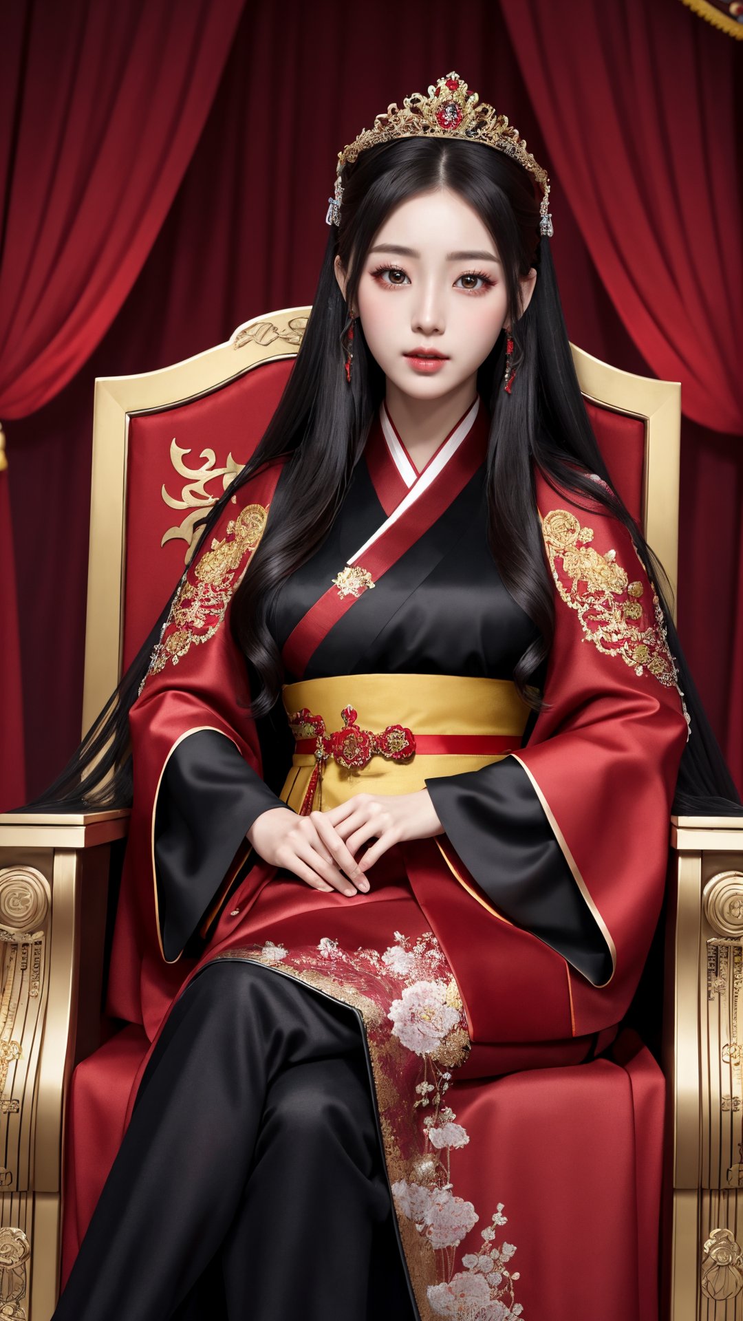 masterpiece, best quality, photorealistic, 8k raw photo, 1girl, solo, the empress, black long hair, hanbok dress, red cape, curtain, tiara, face focus, upper body, sitting on a red throne, crossing legs, highly intricate details, ultra detailed, vibrant color, low angle, from below, dslr