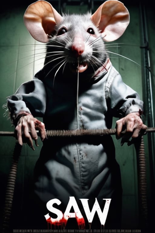 a rat, its body bound to a torture device, terrified like in the film SAW V, jigsaw