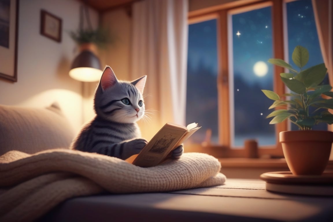 best quality, 4k, ultra-detailed, realistic:1.37, a boy, vivid colors, bokeh, portraits, cozy atmosphere, vintage, relaxed vibes, retro aesthetics, calmness, gentle breeze, soft lighting, subtle shadows, comfortable setting, cozy room, warm tones, acoustic music, vinyl records, retro furniture, soft carpet, cozy blanket, fragrant tea, peaceful ambiance, cozy sweater, lazy Sunday afternoon, gentle petting, contentment, vintage camera, relaxed poses, natural sunlight, flowing curtains, bookshelf, plants, daydreaming, nostalgic feelings, peace and tranquility, harmony, close bond, shared love, starry-eyed kitten, midnight serenade, tranquil night sky, dreaming together, raining outside, lofi