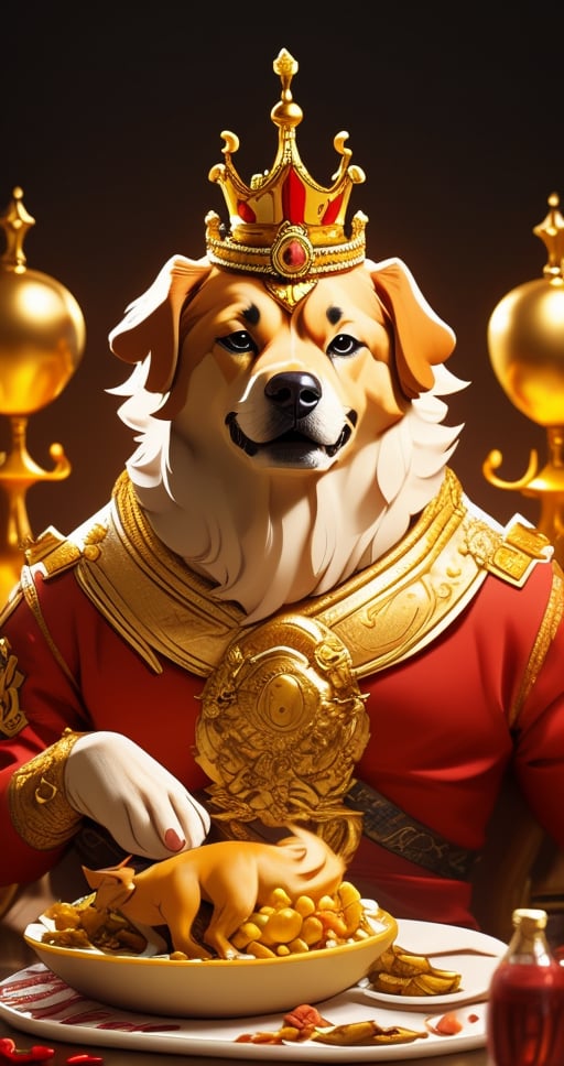 King golden retriever, wearing king dress, crown ,dogs celebrated their victory with a grand feast. d Kingdom of Paws, CINEMATIC, CINEMATIC LIGHT ,8lHD detailed,artstation, sharp focus, ,photo r3al,Movie . ,Furry character,foodstyle