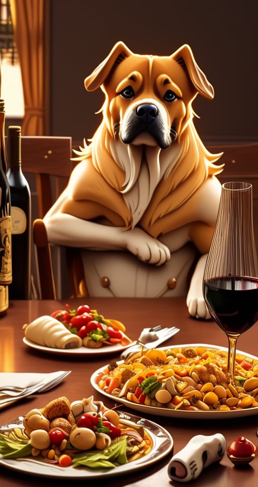King golden retriever , atmy dogs siting on table Banquet, lots of food ,wine , feast. d Kingdom of Paws, CINEMATIC, CINEMATIC LIGHT ,8lHD detailed,artstation, sharp focus, ,photo r3al,Movie . ,Furry character,foodstyle