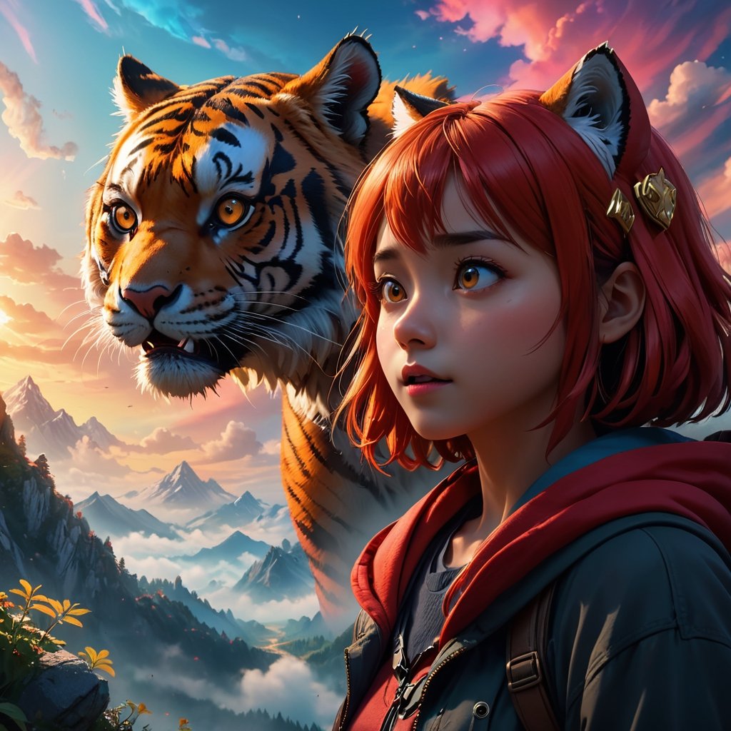 From below, wide-angle photo, Cinematic results, create a artistic artwork portraying th black redhood fairytale with the cute girl talking with the cute tiger ,  colorful rendition,  ultradetailed face, 8k UHD, professional results ,arcane,ColorART,  sharp focus on face,  wide-angle sky view with wispy clouds ,EpicSky,  golden hour, close-up, mountain  views 