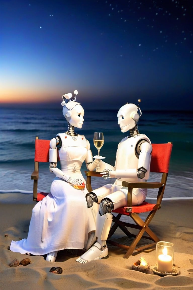 (robots couple,romantic , dress. cloth siting on cloth chair ,drink wine,beach side,  night, candle light dinner , stars, vacation theme, fantacy [(masterpiece, top quality, best quality, , extreme detailed,colorful,highest detailed ((ultra-detailed)), ,ral-chrcrts
