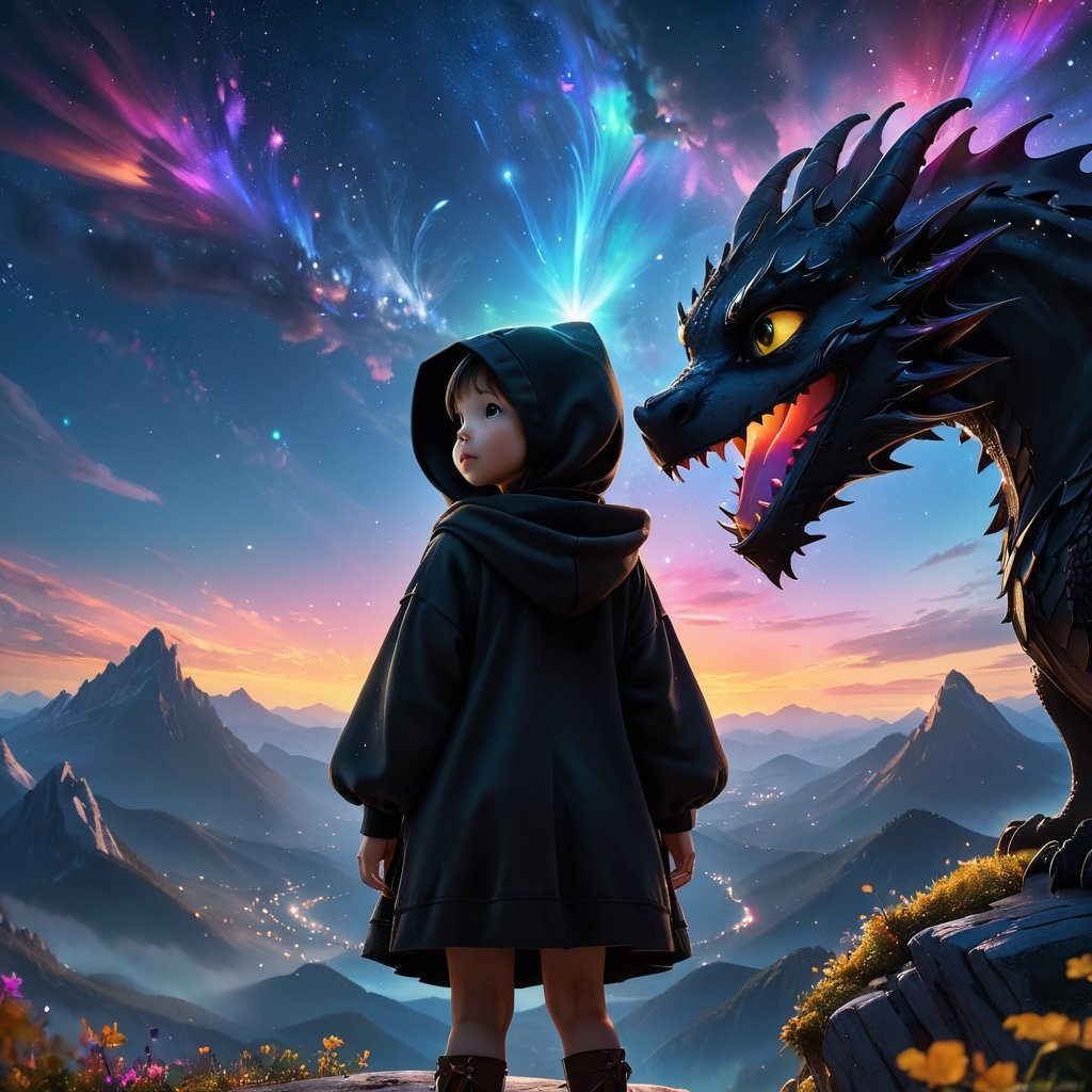 From below, wide-angle photo, Cinematic results, create a artistic artwork portraying th black black hood fairytale with the cute girl  full body ,talking with the cute baby dragon  ,  colorful rendition,  ultradetailed face, 8k UHD, professional results ,arcane,ColorART,  sharp focus on face,  wide-angle sky view night with wispy stars, nebula   ,EpicSky,  golden hour, close-up, mountain  views 