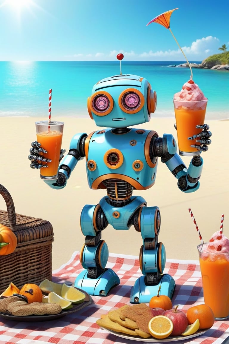 (robots picnic ,) foods,drink,beach side,wear goggls   vacation theme, fantacy [(masterpiece, top quality, best quality, , extreme detailed,colorful,highest detailed ((ultra-detailed)), ,insertNameHere,halloween,bangerooo,bl3uprint