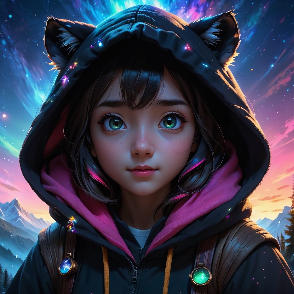 From below, wide-angle photo, Cinematic results, create a artistic artwork portraying th black black hood fairytale with the cute girl talking with the cute tiger ,  colorful rendition,  ultradetailed face, 8k UHD, professional results ,arcane,ColorART,  sharp focus on face,  wide-angle sky view night with wispy stars, nebula   ,EpicSky,  golden hour, close-up, mountain  views 