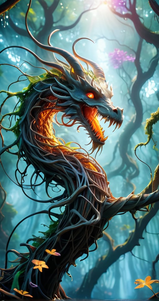 net made of enchanted vines capture the dragon. 
 sky ultra detailed forest  sharp focus , and complexity invoking a sense of magic and fantasy, 8kUHD, resembling steam in water, amber glow ,ColorART, colorful, style,colorful,Movie Still,DracolichXL24