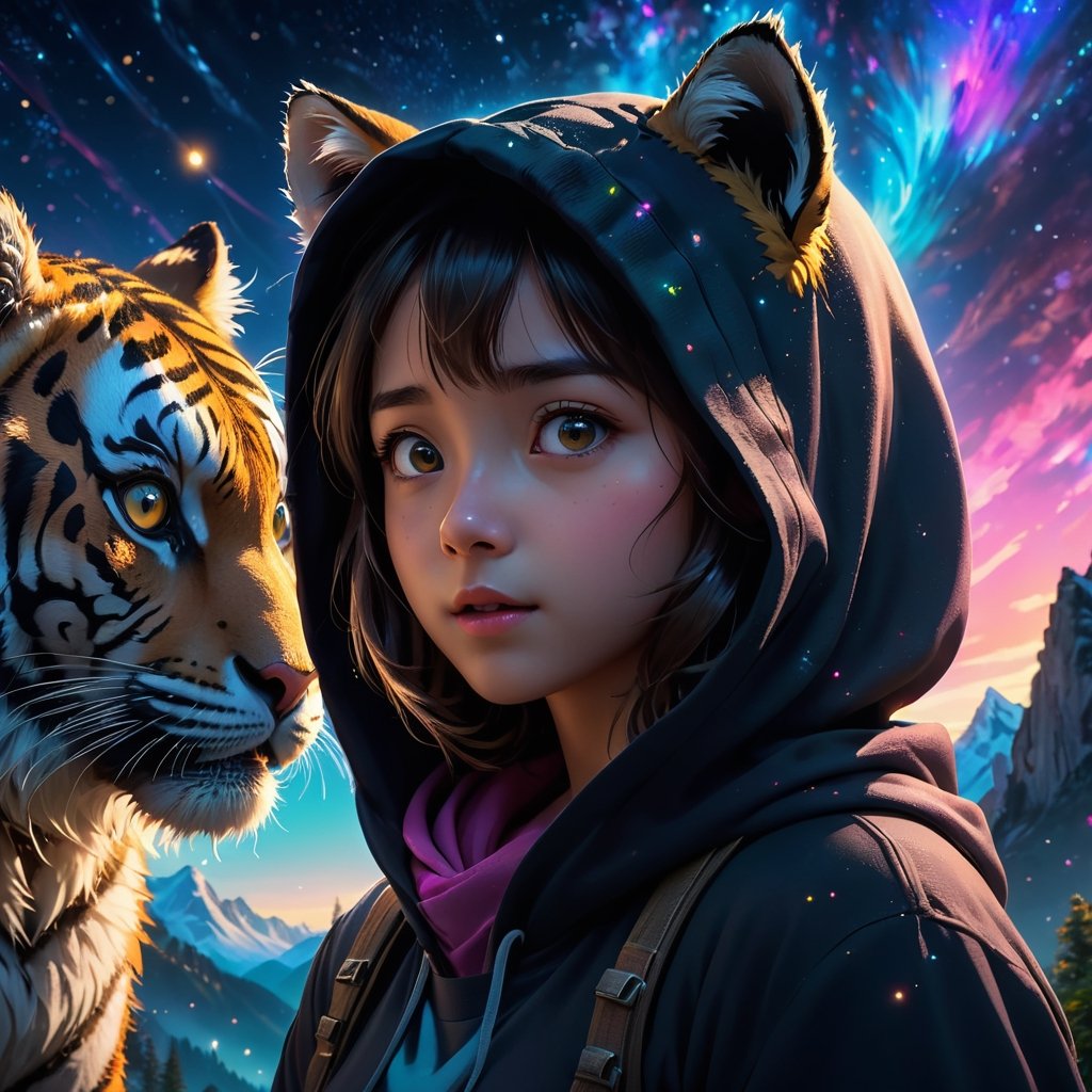 From below, wide-angle photo, Cinematic results, create a artistic artwork portraying th black black hood fairytale with the cute girl talking with the cute tiger ,  colorful rendition,  ultradetailed face, 8k UHD, professional results ,arcane,ColorART,  sharp focus on face,  wide-angle sky view night with wispy stars, nebula   ,EpicSky,  golden hour, close-up, mountain  views 