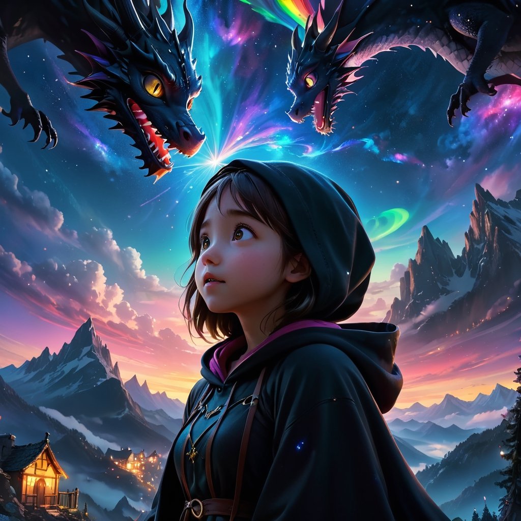 From below, wide-angle photo, Cinematic results, create a artistic artwork portraying th black black hood fairytale with the cute girl talking with the cute baby dragon  ,  colorful rendition,  ultradetailed face, 8k UHD, professional results ,arcane,ColorART,  sharp focus on face,  wide-angle sky view night with wispy stars, nebula   ,EpicSky,  golden hour, close-up, mountain  views 