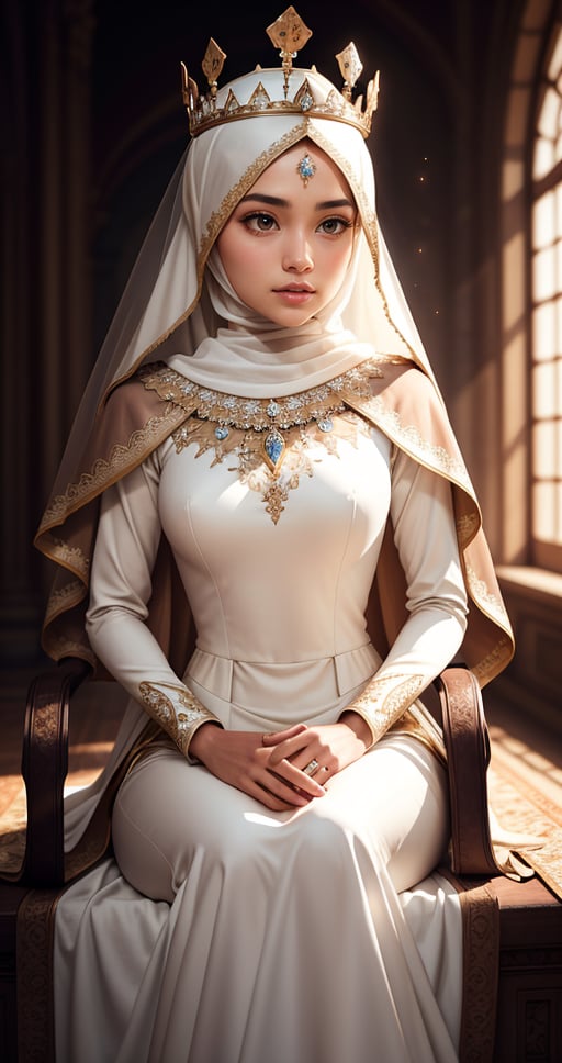 A princess hijab woman seated on a horse , princess weding  white frock  crown ultra focused, detailed face, cinematic lighting, dynamic pose, medium contrast, depth of field, natural glows ,Queen 