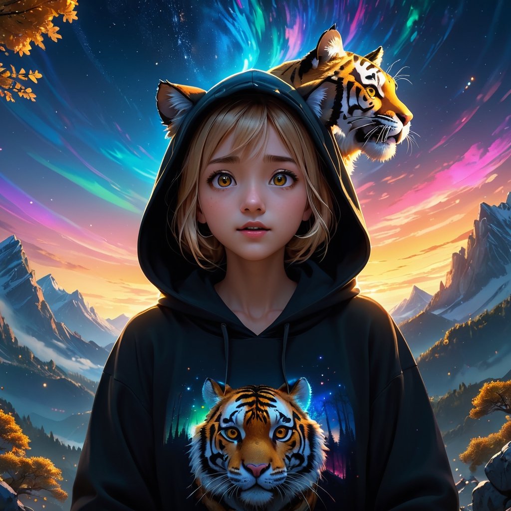 From below, wide-angle photo, Cinematic results, create a artistic artwork portraying th black black hood fairytale with the cute girl talking with the cute tiger ,  colorful rendition,  ultradetailed face, 8k UHD, professional results ,arcane,ColorART,  sharp focus on face,  wide-angle sky view night with wispy stars  ,EpicSky,  golden hour, close-up, mountain  views 