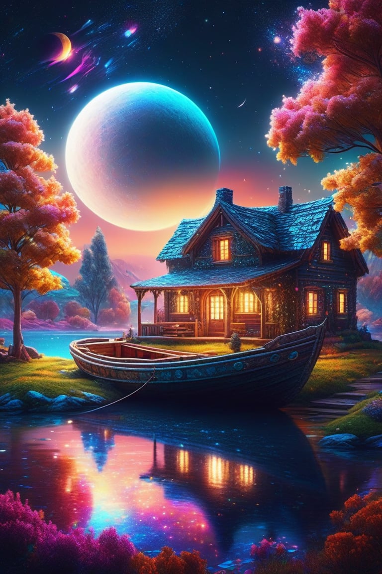 Colurfull home on the moon, farm  planet, nebula, colorful light trees,boat water 
, masterpiece, photorealistic, best quality, intricate, 8k, HDR, cinematic lighting, sharp focus,galaxy,fantacy ultra hd,city bg. (UltraHD) .sharp. Cinematic, cinematic light, cinematic photography, realistic experience. Highly detailed, ultra sharp. ,galaxy bg. ,glitter,LegendDarkFantasy