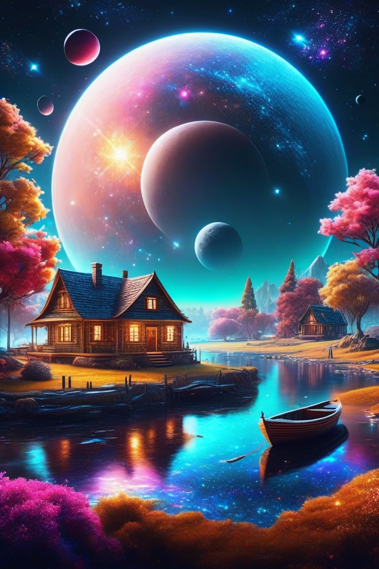 Colurfull home on the moon, farm  planet, nebula, colorful light trees,boat water 
, masterpiece, photorealistic, best quality, intricate, 8k, HDR, cinematic lighting, sharp focus,galaxy,fantacy ultra hd,city bg. (UltraHD) .sharp. Cinematic, cinematic light, cinematic photography, realistic experience. Highly detailed, ultra sharp. ,galaxy bg. ,glitter,LegendDarkFantasy
