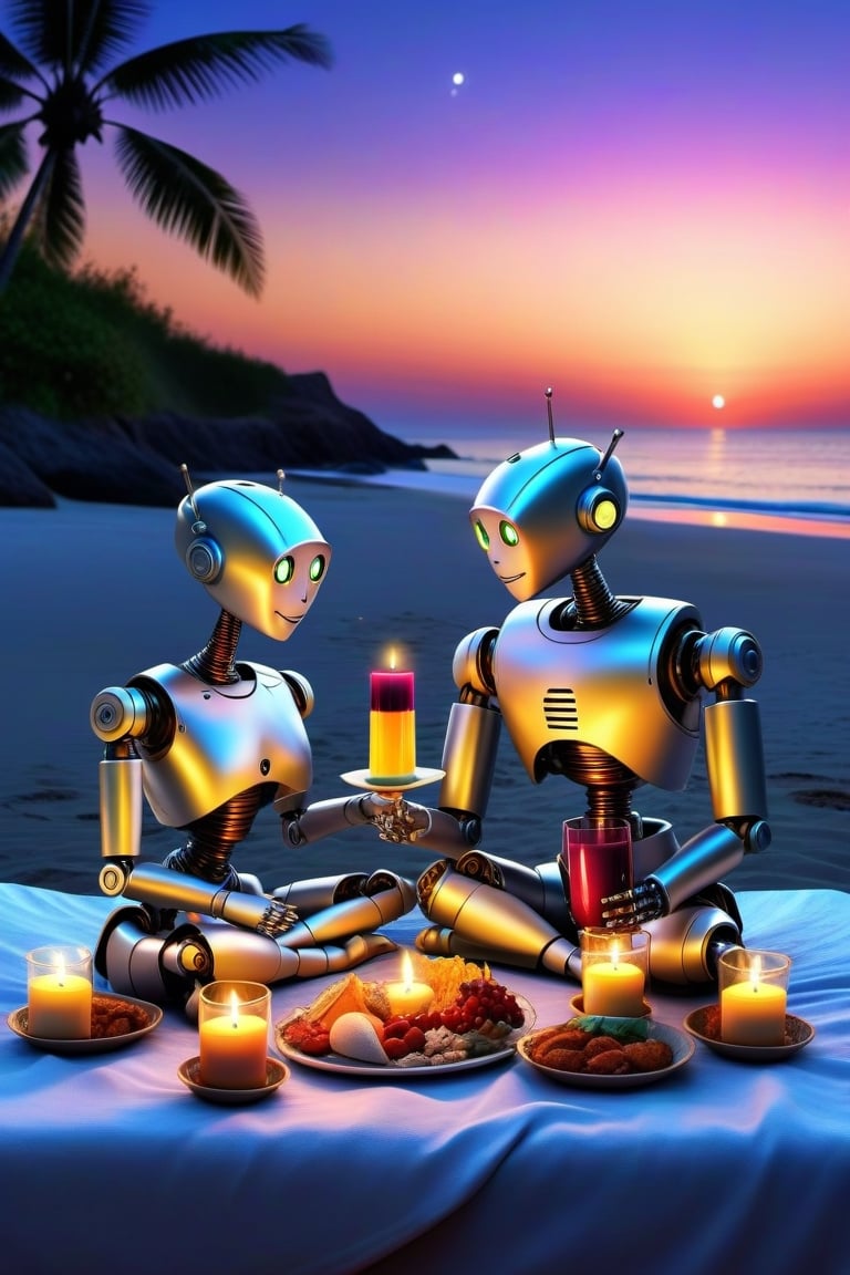 (robots couple,romantic , siting on cloth,drink wine , lots of food,beach side,  night, candle light dinner , stars, vacation theme, fantacy [(masterpiece, top quality, best quality, , extreme detailed,colorful,highest detailed ((ultra-detailed)), 