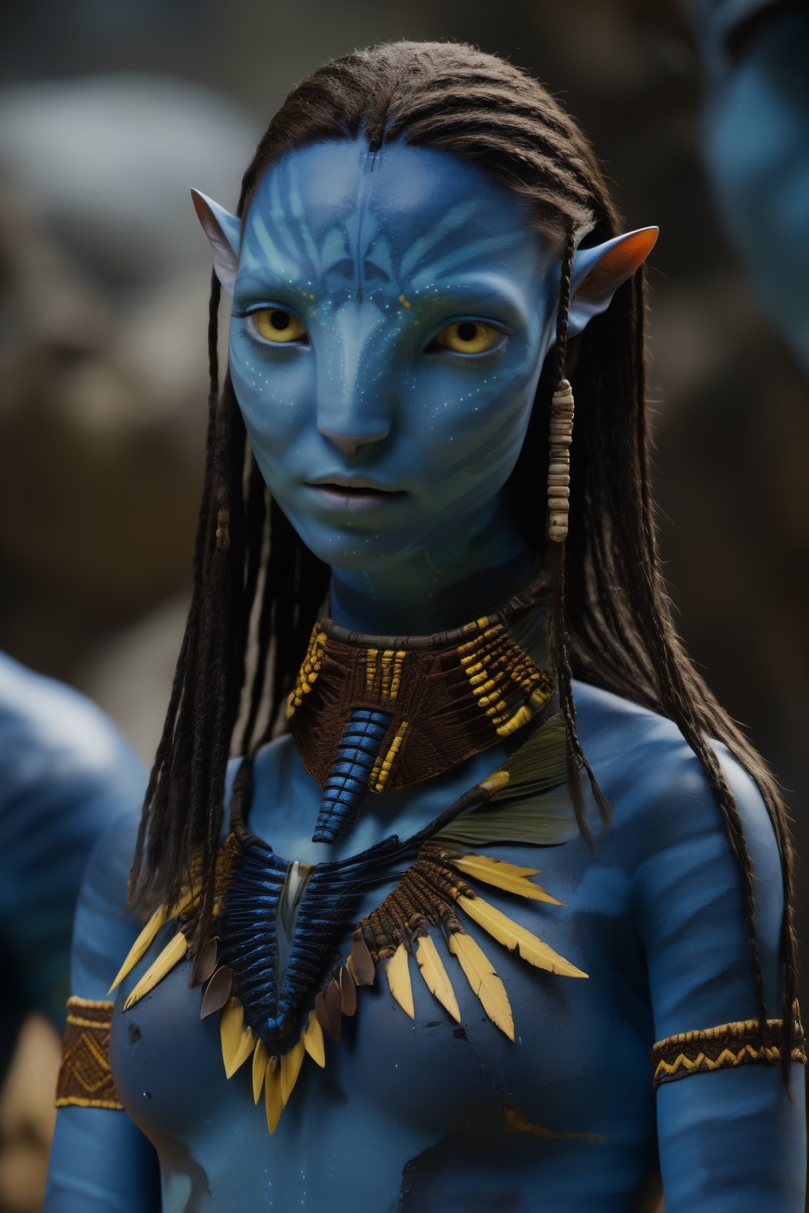 Perfect photography of teenage girl na'vi, full body front view, chest covering bandage,loincloth, blue skin,secret cave, high quality, 8k, extremely detailed ,more detail XL