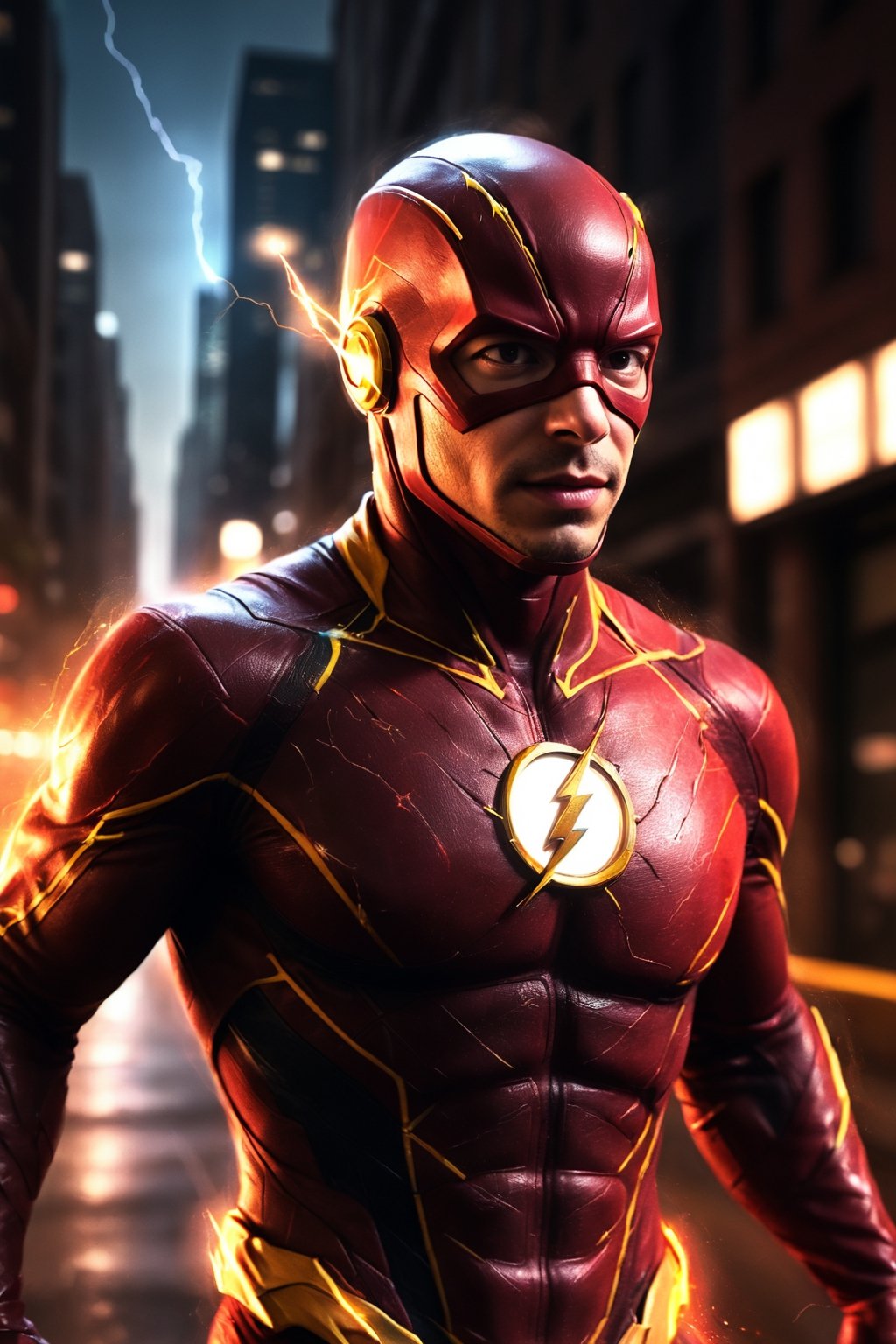 A detailed, realistic digital painting of The Flash in the style of Zack Snyder. He is running through a city street at night, the only light coming from the lightning and his glowing eyes. The Flash's suit is red and yellow, and he is wearing a lightning bolt mask. The image is post-processed with color grading, film grain, and lightning effects.

