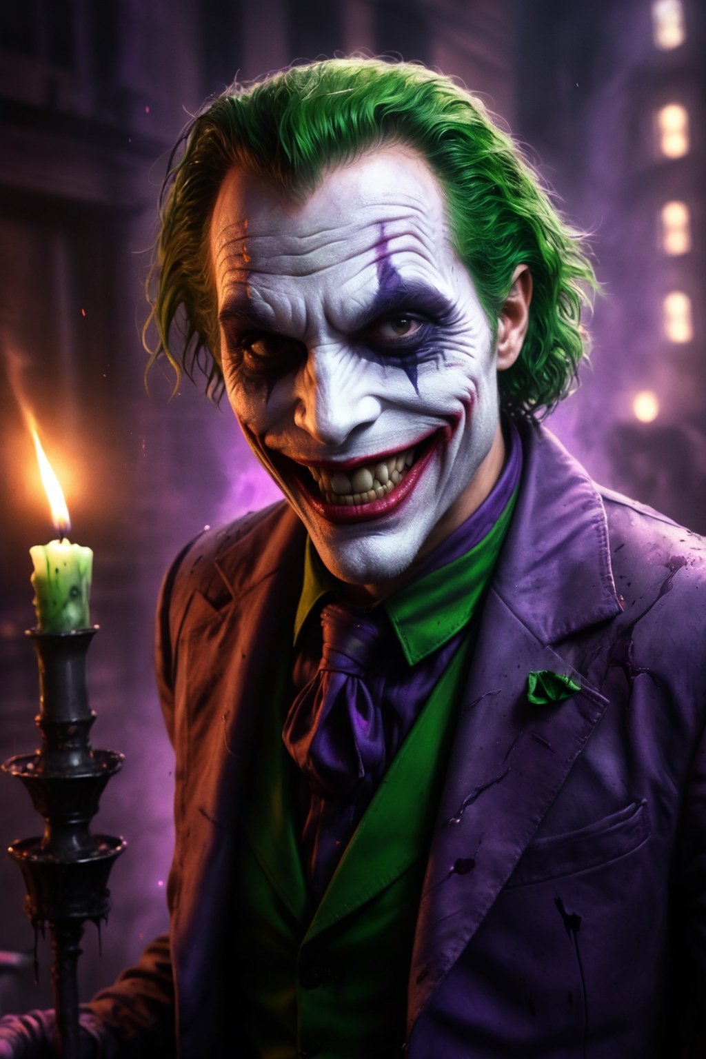 A detailed, realistic digital painting of The Joker in the style of Zack Snyder. He is escaping from Arkham Asylum at night, the only light coming from the candles and his smile. The Joker's suit is purple and green, and he is wearing clown makeup. The image is post-processed with color grading, film grain, and blood and gore effects.

