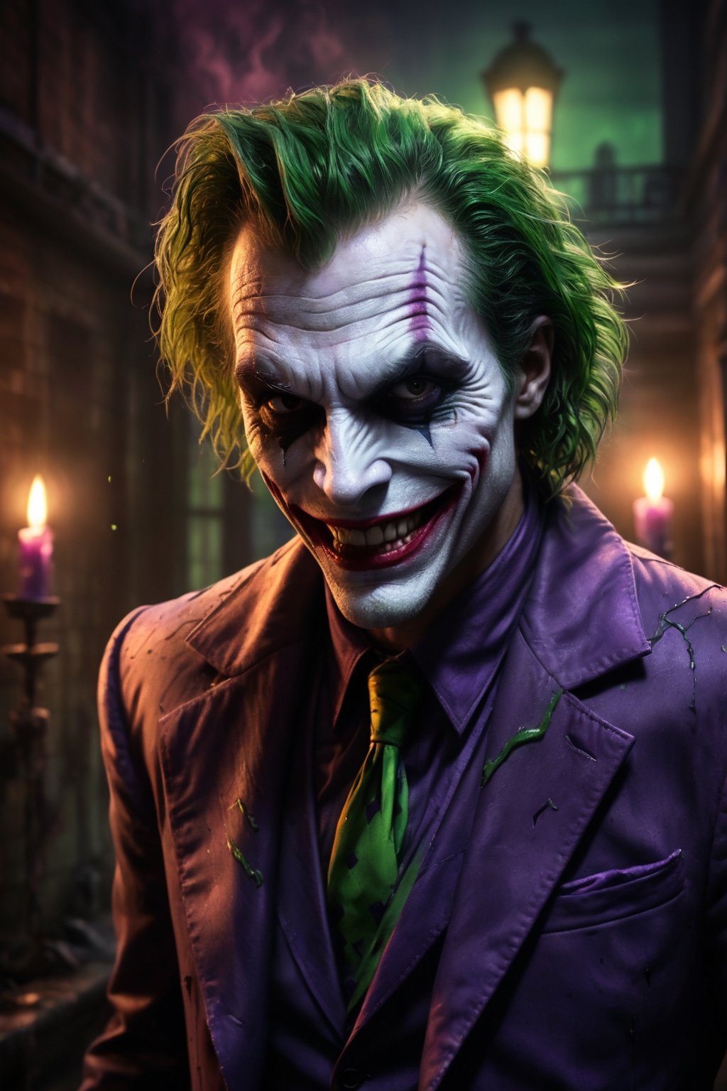 A detailed, realistic digital painting of The Joker in the style of Zack Snyder. He is escaping from Arkham Asylum at night, the only light coming from the candles and his smile. The Joker's suit is purple and green, and he is wearing clown makeup. The image is post-processed with color grading, film grain, and blood and gore effects.

