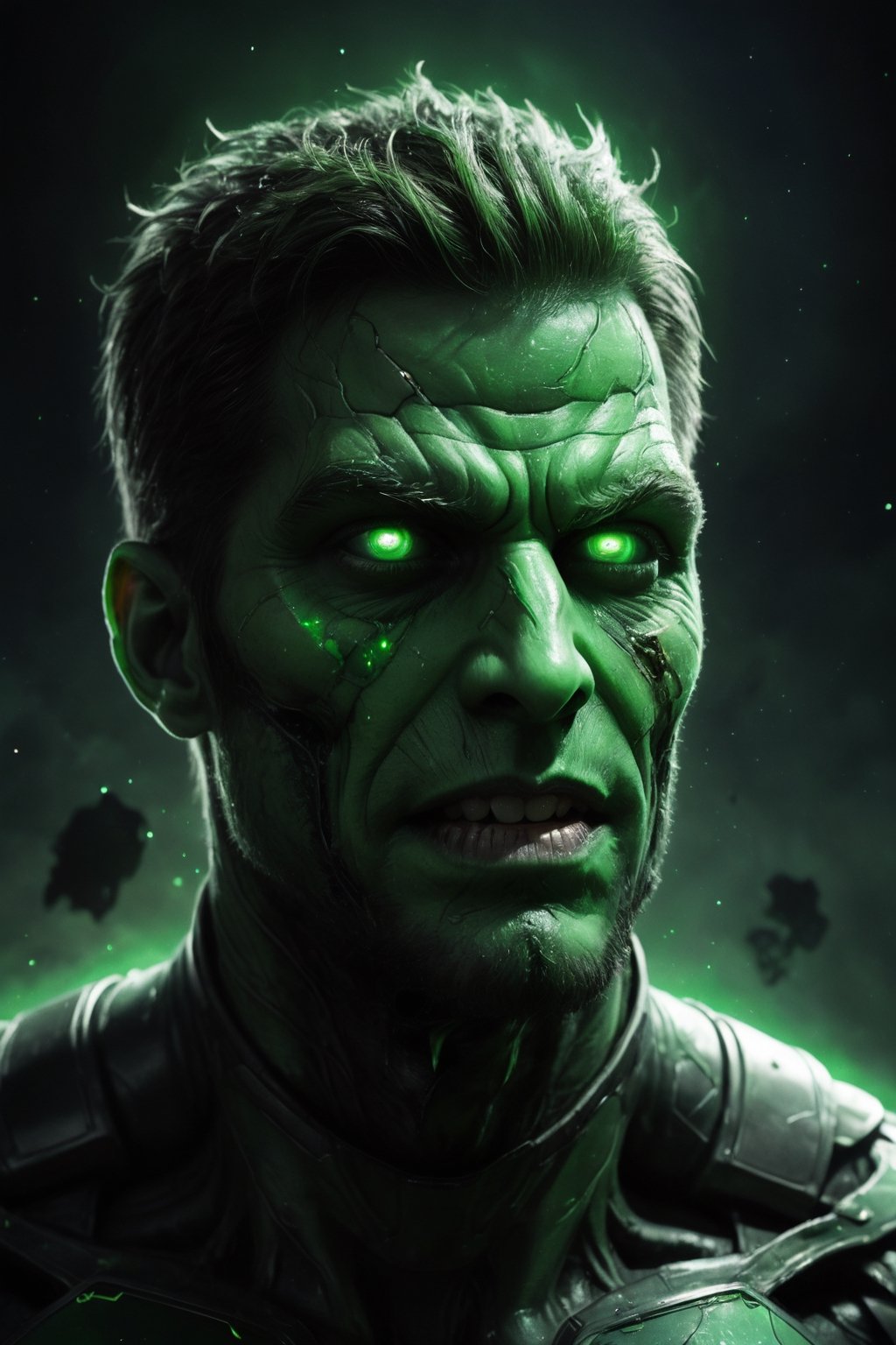 A detailed, realistic digital painting of Zombie Green Lantern in the style of Zack Snyder. He is flying through space at night, the only light coming from the Green Lantern ring and the stars in the sky. Zombie Green Lantern's skin is pale and decaying, his eyes are glowing green, and he is wearing a tattered green and black suit. The image is post-processed with color grading, film grain, space effects, and blood and gore effects.

