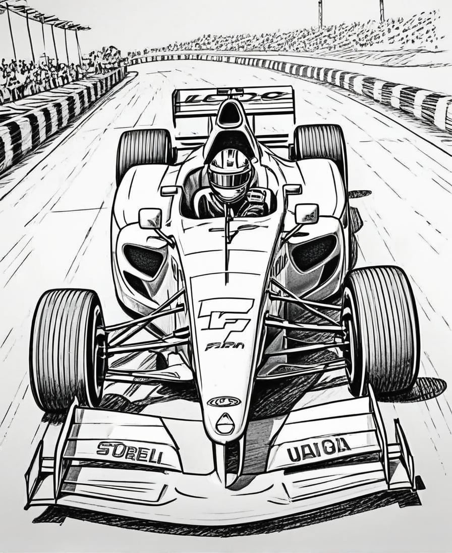 2D black and white vectoral sketch linework design.
Simple design. Cartoon. Large design. Pure white background.
Vector art.
Formula car.
Formula arena background.
There is no black part. No shades. It's for coloring. No black spots, only the lines.
Very simple vector sketch.
Low detail. Zero shading.
Only black and white.
leonardo,realistic,real_booster,photorealistic,healing,tattoo,lineart