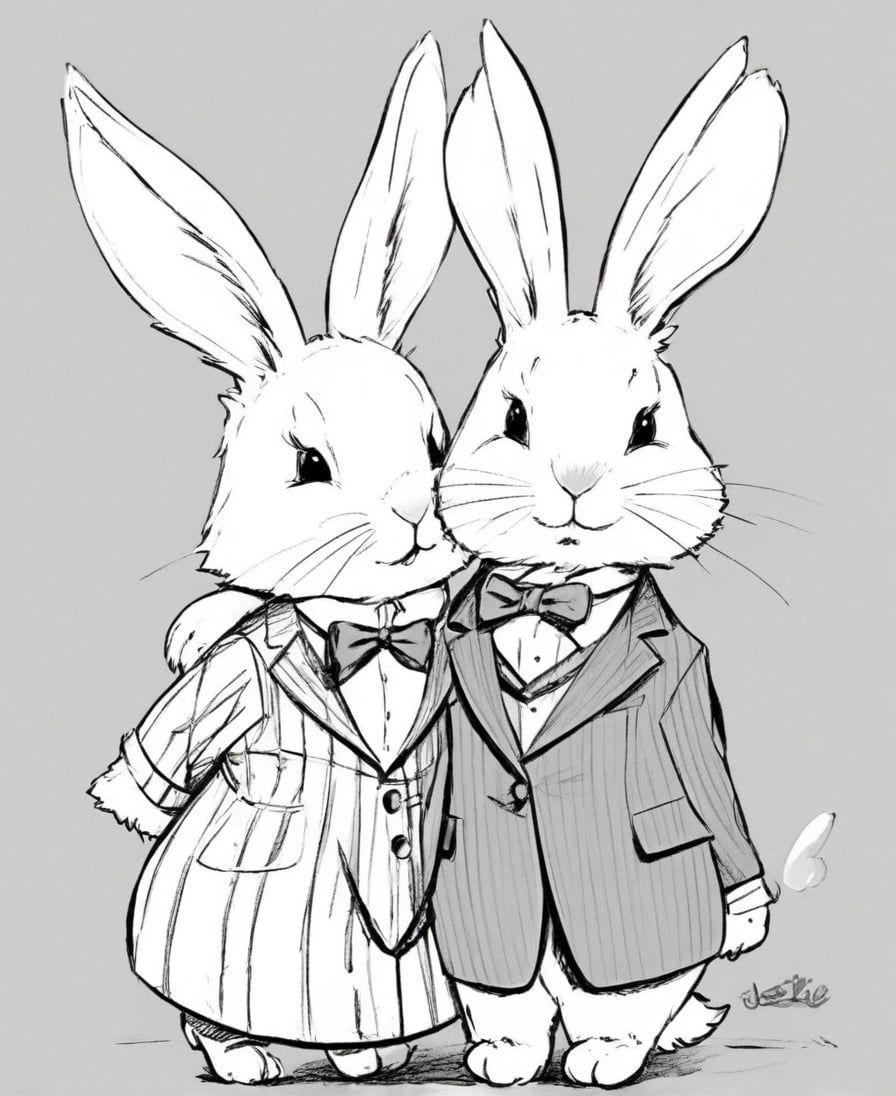 2D black and white line design.
Simple design. Cartoon. Large design. Pure white background.
Vector art.
Two little rabbits, one is in suit, one is in dress. Cartoon character. Very simple vector sketch.
Low detail. Zero shading.
Very few feathers.
Only black and white.
leonardo,realistic,real_booster,photorealistic,healing,tattoo,1y0n,lineart,Fashion Illustration