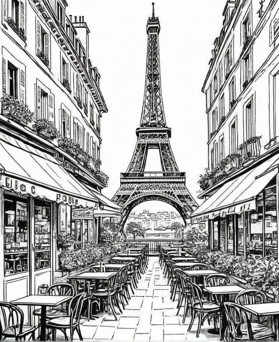 2D black and white vectoral sketch linework design.
Simple design. Cartoon. Large design. Pure white background.
Vector art.
Paris city cafes in 1980s.
There is no black part. No shades. It's for coloring. No black spots, only the lines.
Very simple vector sketch.
Low detail. Zero shading.
Only black and white.
leonardo,realistic,real_booster,photorealistic,healing,tattoo,lineart,Indoor,outdoor