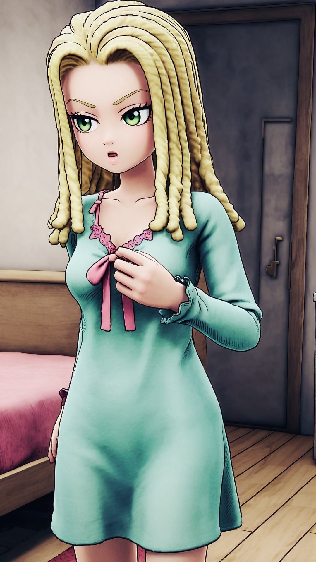 Ann, blonde hair, reggae hair style, shoulder length hair, green eyes, nightgown, in bedroom