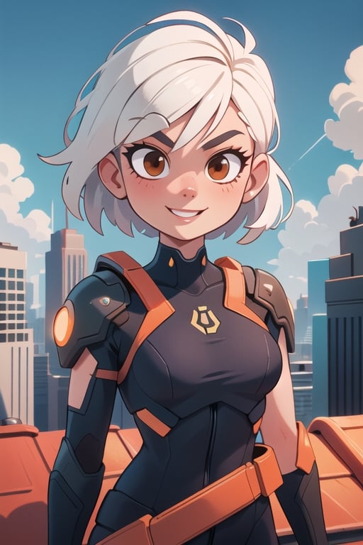 
Valk,white hair,short hair,brown eyes, orange bodysuit, smile, upper body,standing, outside,clouds,rooftop,cyberpunk, (insanely detailed, beautiful detailed face, masterpiece, best quality) solo,lobapex,Lofi,Girl
