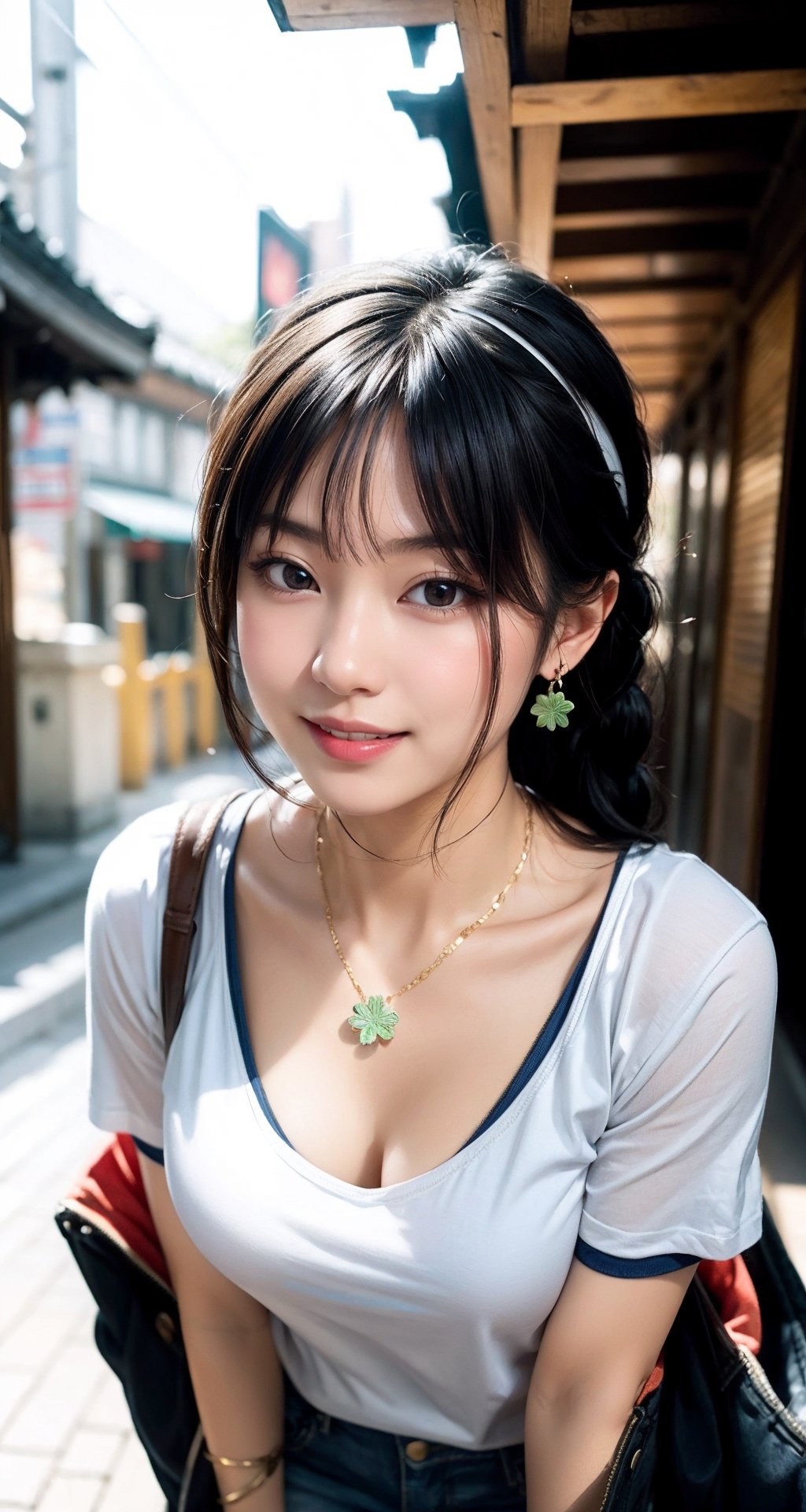 Masterpiece, highest quality, realistic, very fine and fine details, high resolution, 8K wallpapers), 1 beautiful woman, Korean, bright smile, long black hair, sharp focus, medium breasts, brown eyes, beautiful eyes, detailed and realistic Skin texture, height 170, necklace, clover earrings, front shot, figure, neat attire, headband, temple, shame, smile, shoes, fantastic, angelic, mental sphere, portrait, hair braid, jeans, t-shirt,jy_piece