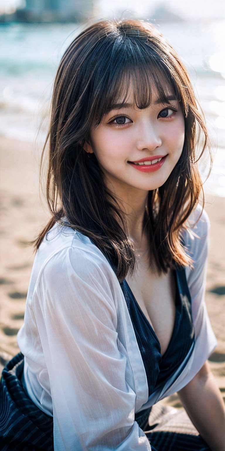 (photorealistic, masterpiece, best quality, raw photo), beautiful women, 20 years old, smiling with visible perfect teeth, detailed beautiful eyes and face, full_body, large-sized breasts, 1girl, portrait, bokeh, masterpiece, accurate, anatomically correct, textured skin, front lighting, using reflectors, f/1.8, 24mm, Nikon D850, regina display, super detail, high details, high quality, best quality, highres, UHD, 1080P, HD, 4K, 8K, long hair, ((close-up:1.3)), yukata, naked, legsJapanese, in navy microbikini, light-brown medium-length hair, realistic detailed skin texture, cleavage, sitting on the beach, natural sunlight, depth of fields, sharp-focus