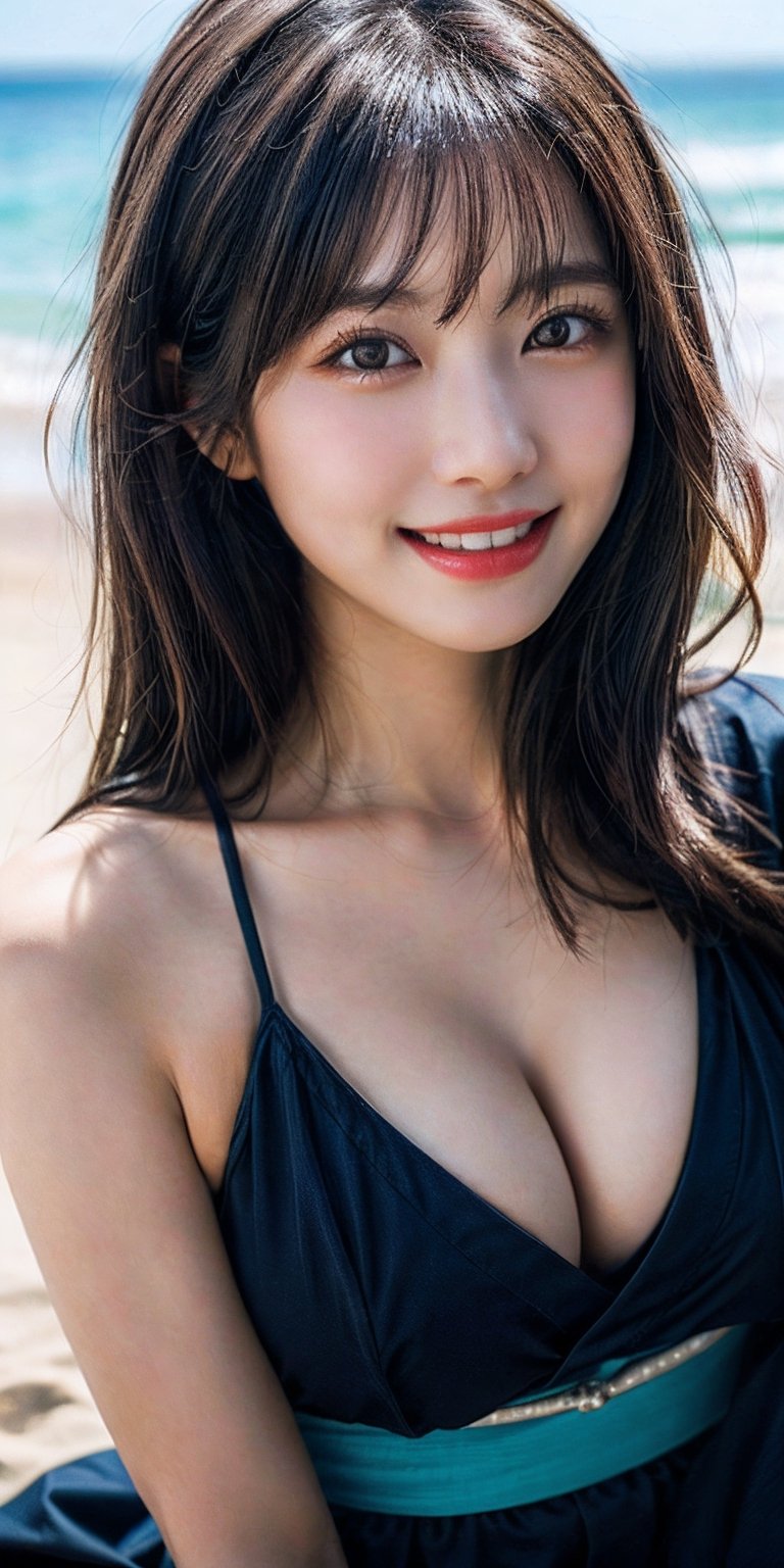 (photorealistic, masterpiece, best quality, raw photo), beautiful women, 20 years old, smiling with visible perfect teeth, detailed beautiful eyes and face, full_body, large-sized breasts, 1girl, portrait, bokeh, masterpiece, accurate, anatomically correct, textured skin, front lighting, using reflectors, f/1.8, 24mm, Nikon D850, regina display, super detail, high details, high quality, best quality, highres, UHD, 1080P, HD, 4K, 8K, long hair, ((close-up:1.3)), yukata, naked, legsJapanese, in navy microbikini, light-brown medium-length hair, realistic detailed skin texture, cleavage, sitting on the beach, natural sunlight, depth of fields, sharp-focus