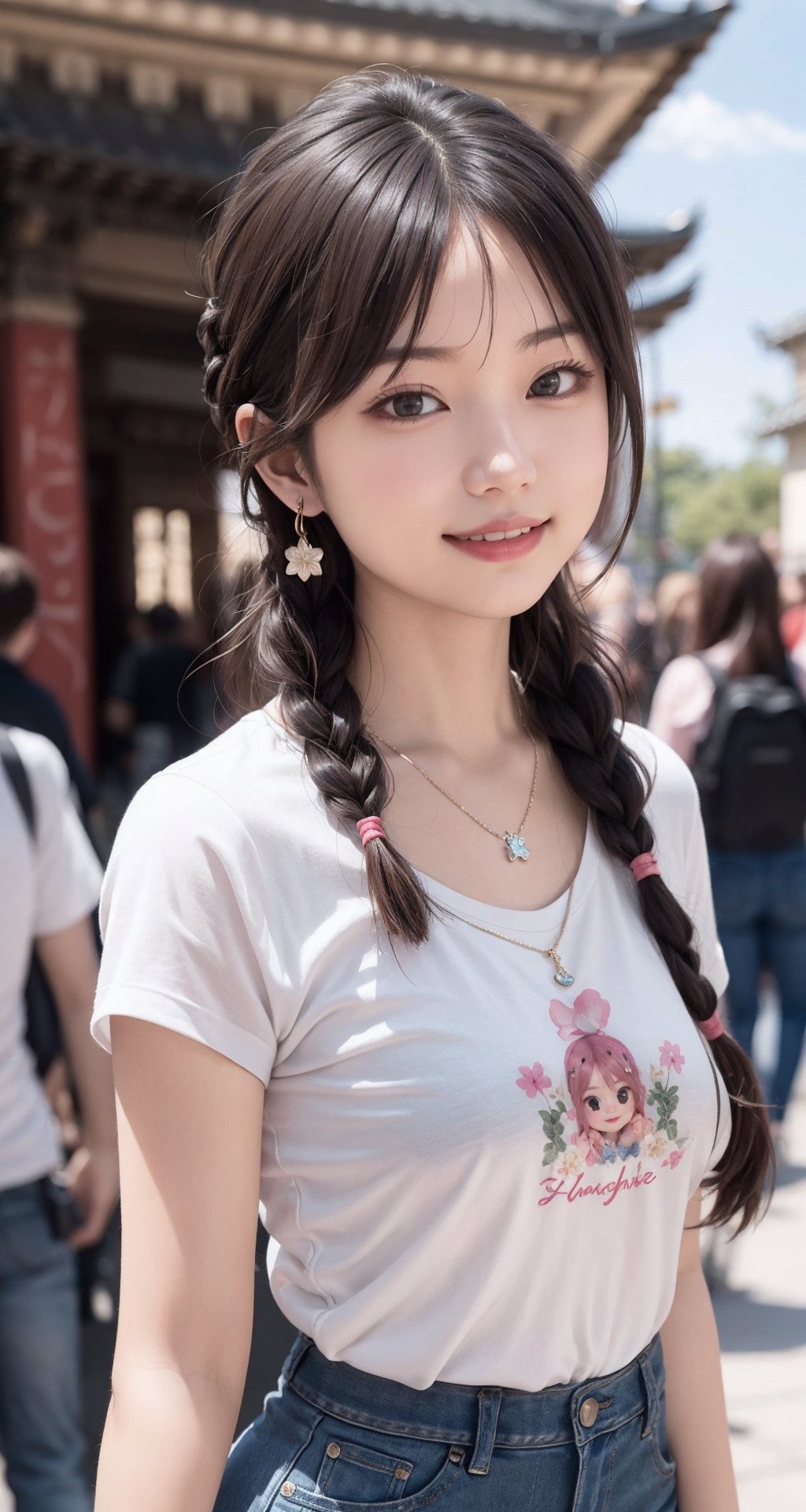 Masterpiece, highest quality, realistic, very fine and fine details, high resolution, 8K wallpapers), 1 beautiful woman, Korean, bright smile, long black hair, sharp focus, medium breasts, brown eyes, beautiful eyes, detailed and realistic Skin texture, height 170, necklace, clover earrings, front shot, figure, neat attire, headband, temple, shame, smile, shoes, fantastic, angelic, mental sphere, portrait, hair braid, jeans, t-shirt,jy_piece