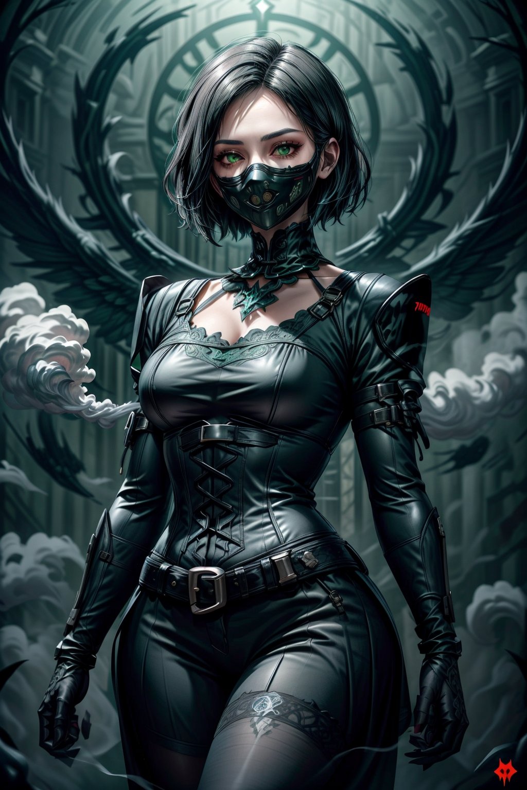 a medium shot of a gothic-themed Viper skin featuring dark, elegant armor with ornate silver details, a menacing plague doctor mask, and eerie green smoke emanating from her gear, with her abilities enhanced by spectral effects, set against the backdrop of a haunted, fog-shrouded Victorian manor, valorant viper,Gothic