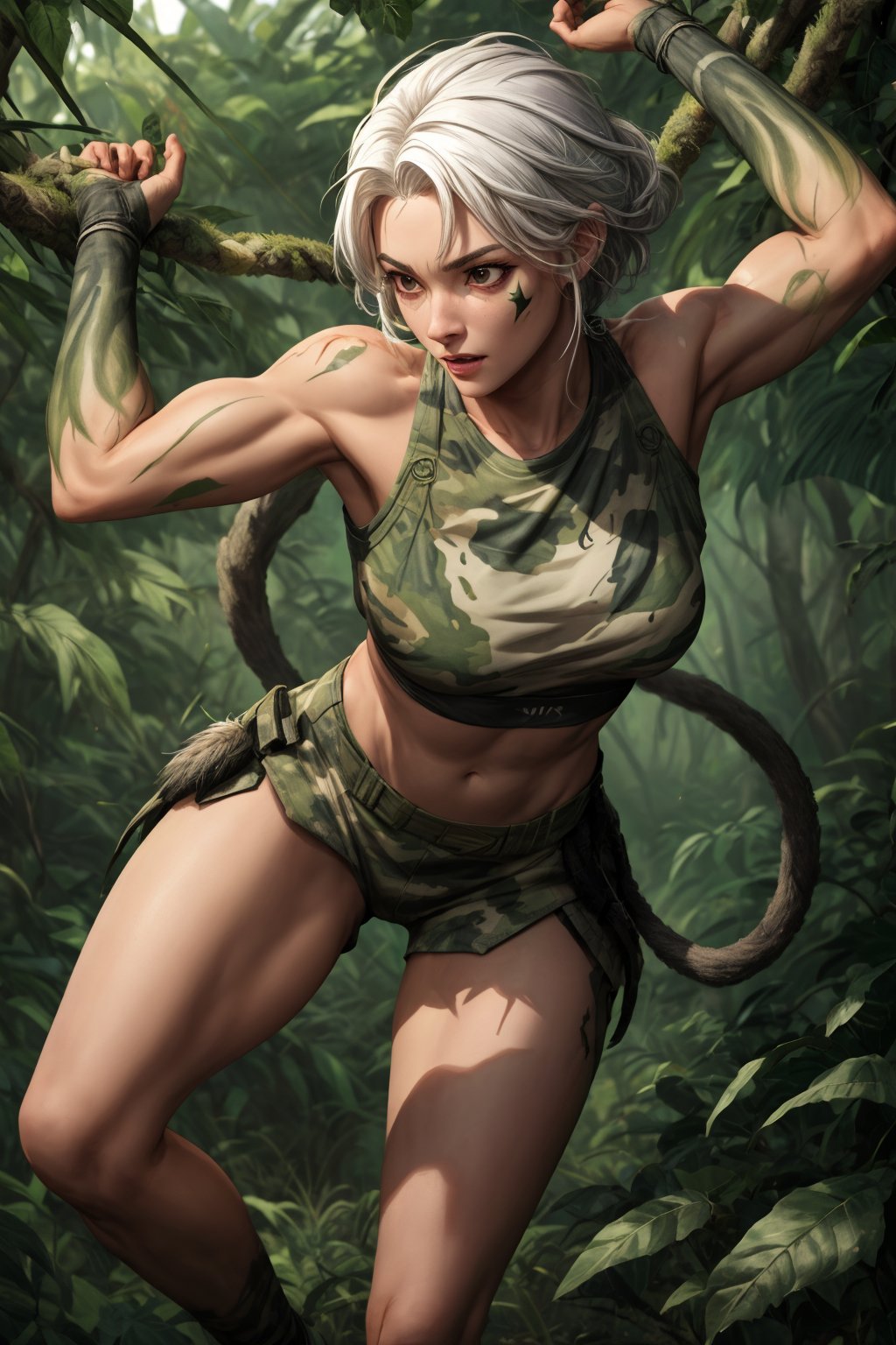 a medium shot of a jungle predator-themed Jett with camouflage gear made of leaves and feathers, and bioluminescent markings, white hair, with her abilities featuring swift, nature-inspired movements, set in a lush, dense jungle teeming with vibrant wildlife and vegetation, valorantJett, vines